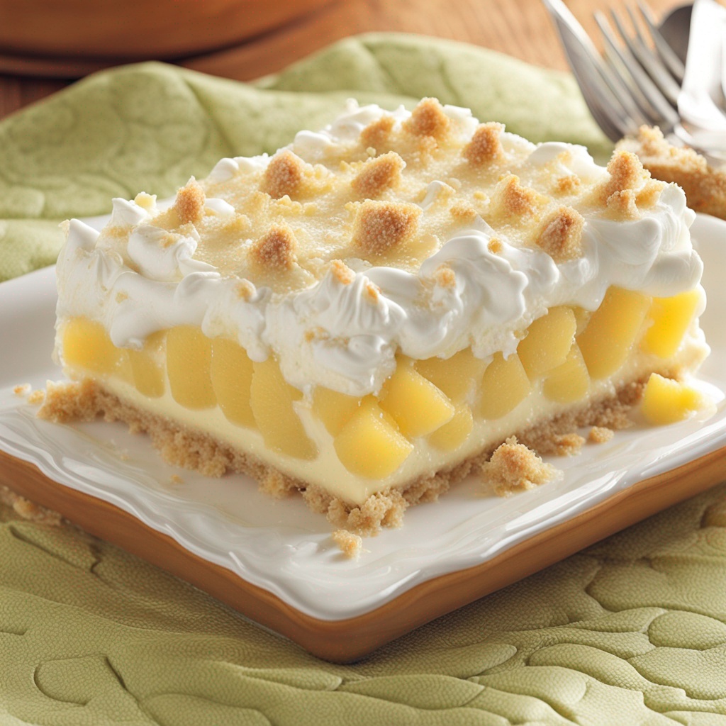 Close-up of a slice of Pineapple Cream Dessert.
