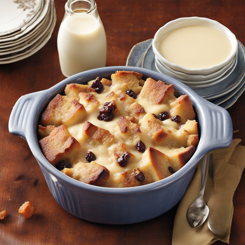 Freshly-baked Grandma's Old Fashioned Bread Pudding in a baking dish.