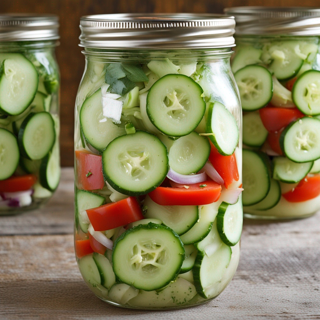 Cucumber salad packed in jars.