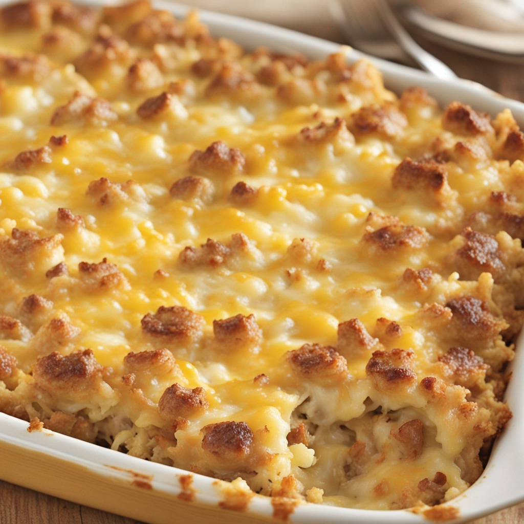 Baked Sausage, Egg, and Cream Cheese Hashbrown Casserole