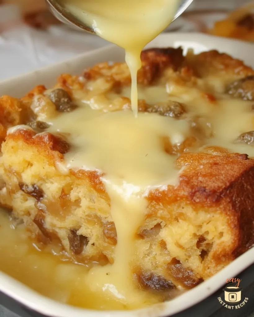 Close-up of warm bread pudding topped with rich homemade vanilla sauce being poured over the golden baked surface. The dessert shows soft custard bread, raisins, and creamy sauce for a classic old-fashioned bread pudding with vanilla sauce recipe.