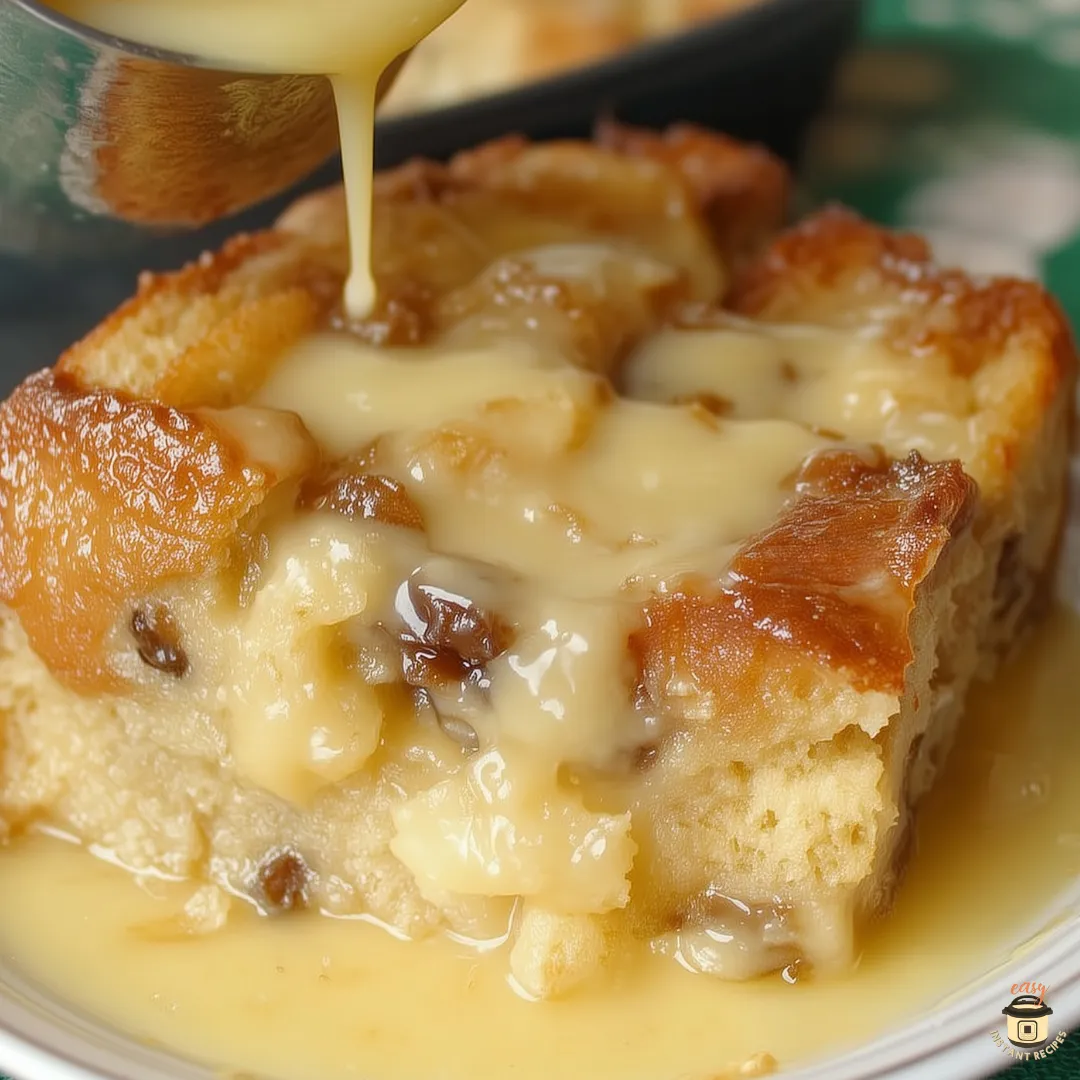 Close-up image of warm bread pudding topped with creamy vanilla sauce being poured over the slice. The dessert shows custard-soaked bread, golden raisins, and a thick buttery sauce for a classic bread pudding with vanilla sauce recipe.