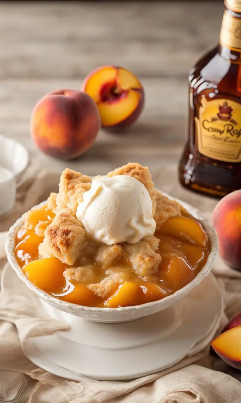 Gourmet Crown Royal Peach Cobbler cooling, a perfect luxury dessert option.