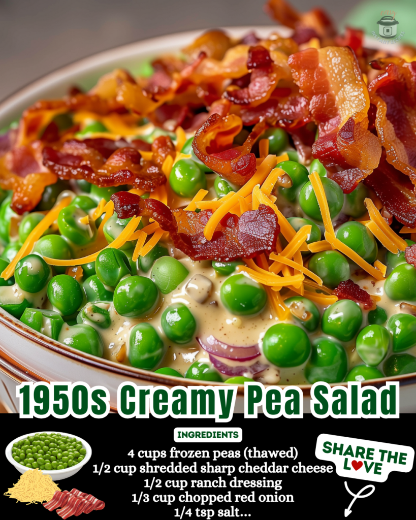 Vibrant creamy pea salad featuring fresh peas, Greek yogurt dressing, and savory bacon pieces – an ideal high-protein salad recipe for holiday feasts.