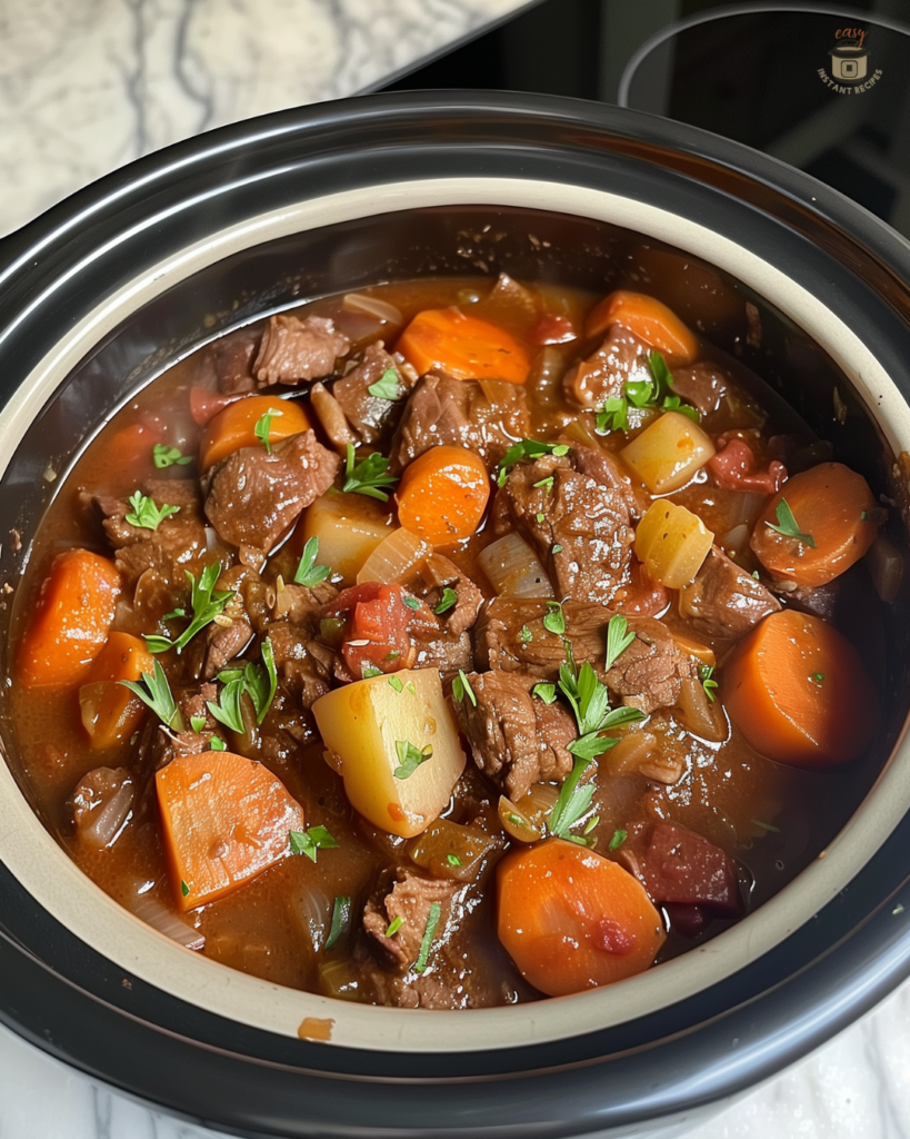 Hearty 5-Ingredient slow cooker beef stew with tender beef, fresh vegetables, and rich broth—perfect winter comfort food