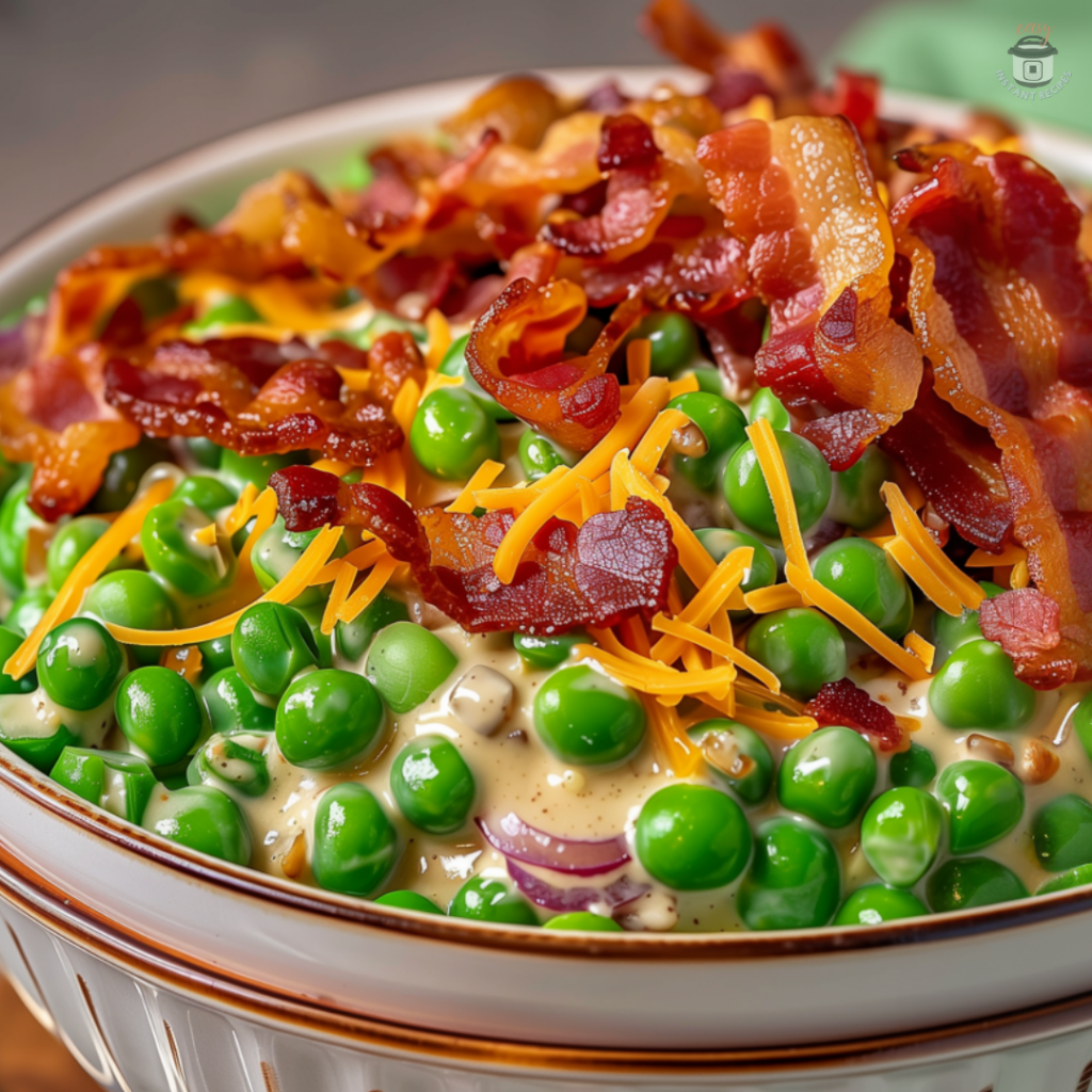 Delicious 1950s Creamy Pea Salad with shredded cheddar, crispy bacon, and homemade ranch dressing—the perfect healthy side dish for family dinners.