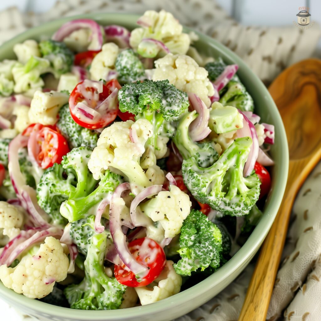 Colorful Christmas Salad with broccoli, cauliflower, cherry tomatoes, and creamy dressing—perfect for holiday dinners.