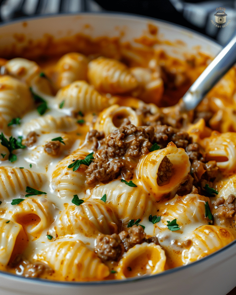 Delicious creamy beef and pasta shells skillet dinner, perfect for family-friendly meals