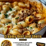 Discover this mouthwatering Creamy Beef and Shells recipe that’s perfect for quick weeknight dinners! Packed with ground beef, savory marinara, and a rich creamy sauce, this family-friendly meal is both hearty and satisfying. Ideal for those seeking easy and affordable dinner ideas, this Italian-inspired dish combines tender pasta shells with flavorful spices and melted cheddar cheese. Save this comforting beef pasta recipe for your next delicious and high-protein meal!