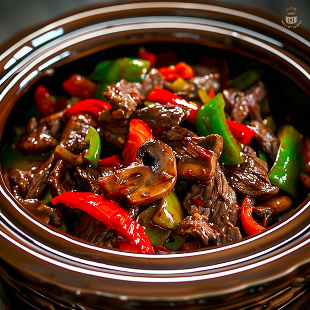 Hearty slow cooker pepper steak with colorful bell peppers and tender mushrooms, perfect for a family dinner.