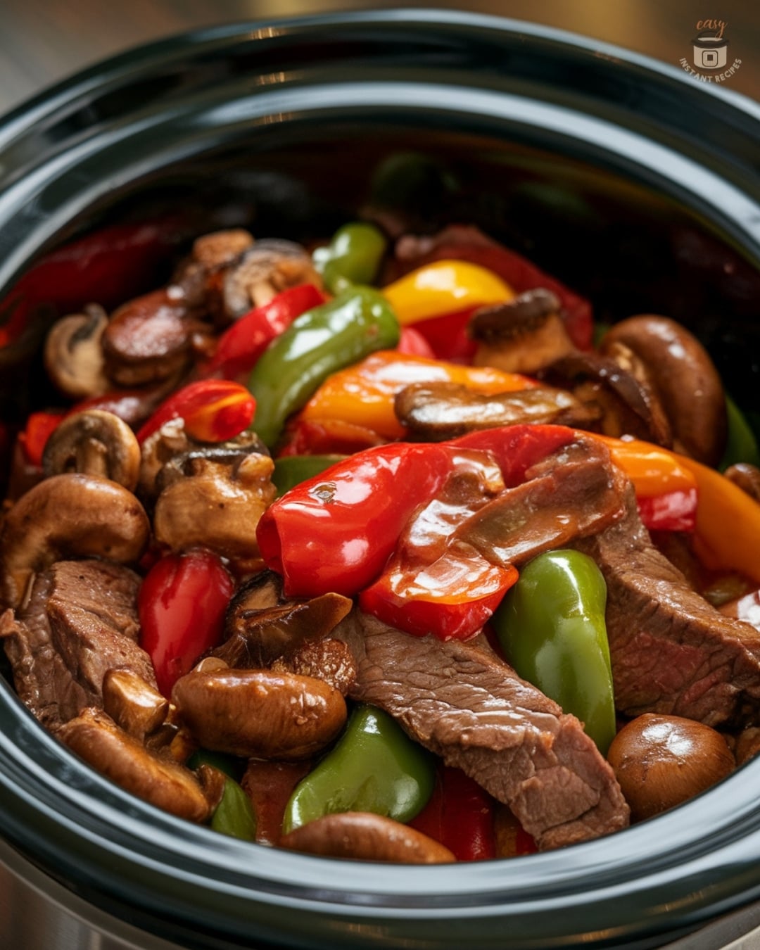 Close-up of savory slow cooker beef strips in rich gravy with sautéed vegetables, served on a plate.