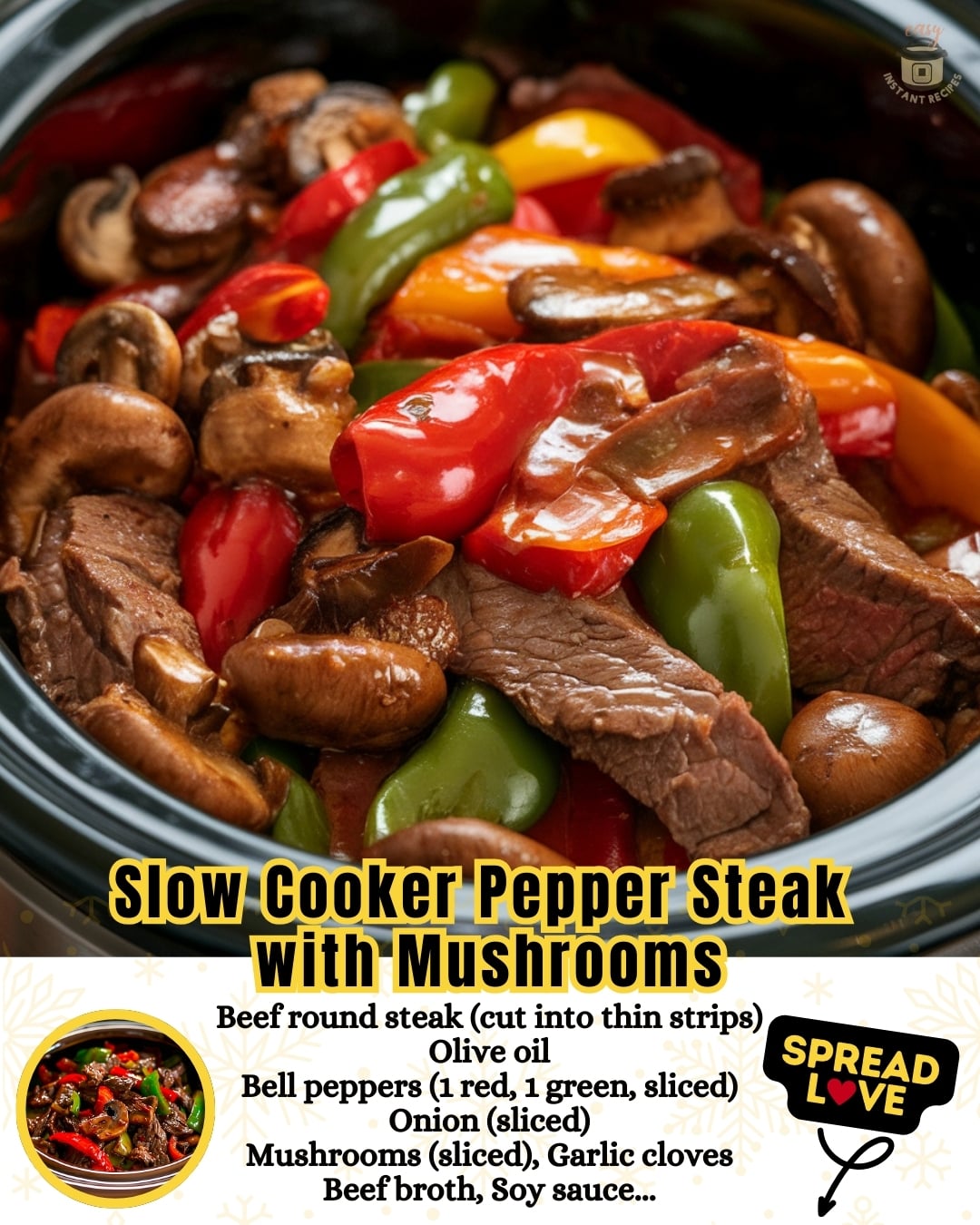 Discover the best slow cooker pepper steak with mushrooms recipe that’s perfect for busy weeknights! This easy and hearty family dinner combines tender beef strips, vibrant bell peppers, and savory mushrooms in a rich, flavorful gravy. Ideal for meal prep and guaranteed to satisfy your comfort food cravings. Save this delicious slow cooker beef recipe for your next cozy night in! #SlowCookerRecipes #EasyDinnerIdeas #ComfortFood #FamilyMeals #BeefSteakRecipes