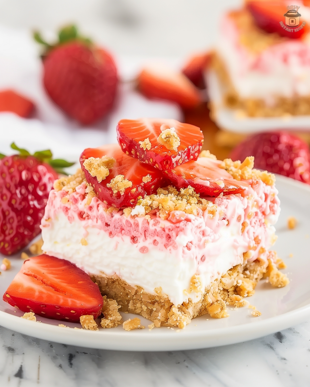 Close-up of Strawberry Crunch Cheesecake Bars with a golden Oreo crust, creamy cheesecake filling, and strawberry crunch topping.