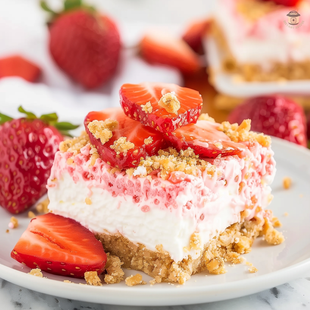 Sliced Strawberry Cheesecake Bars on a plate, garnished with whipped cream and fresh strawberries.