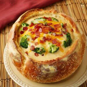 Delicious Bacon Broccoli Cheddar Bread Bowl Soup