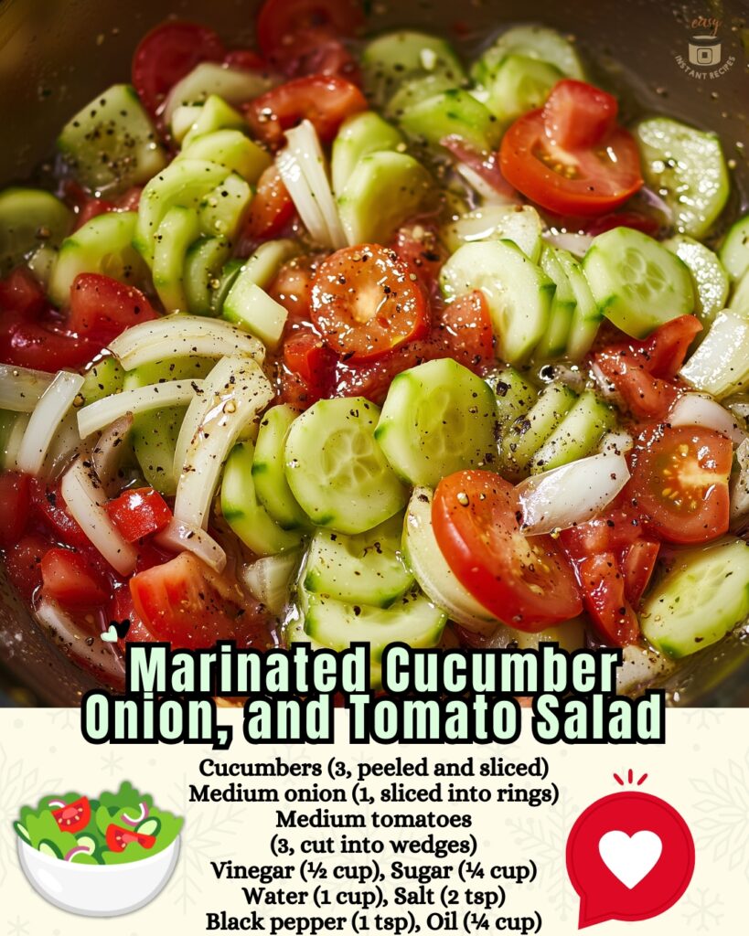 Close-up of vibrant Marinated Cucumber Tomato Salad in a white bowl with fresh herbs on top.
