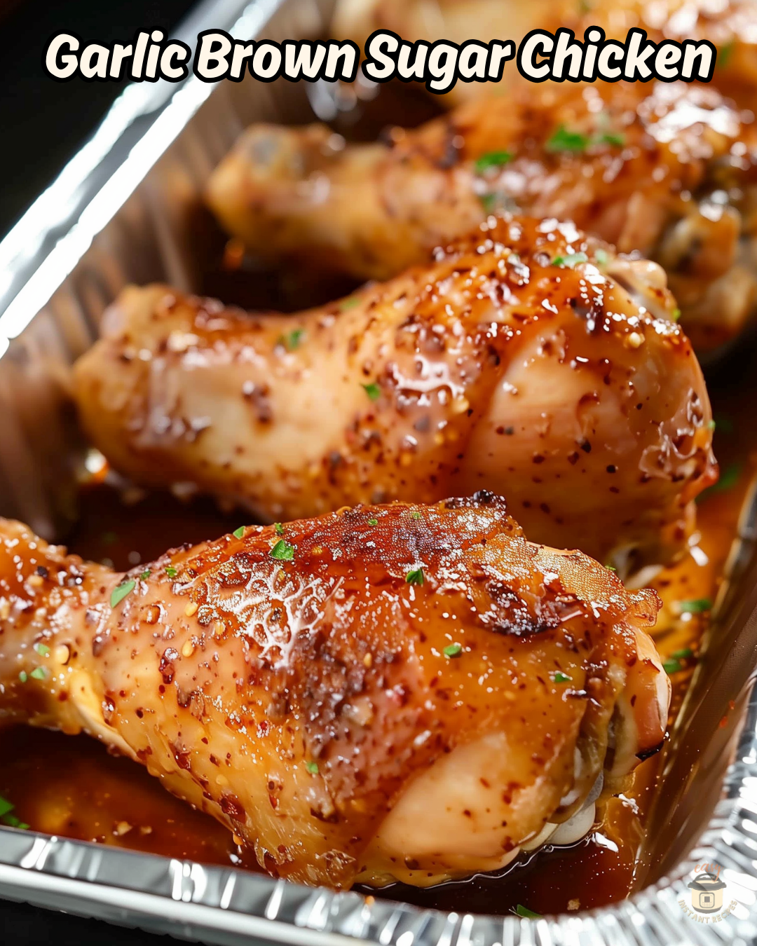 Close-up shot of Garlic Brown Sugar Chicken with golden, caramelized glaze