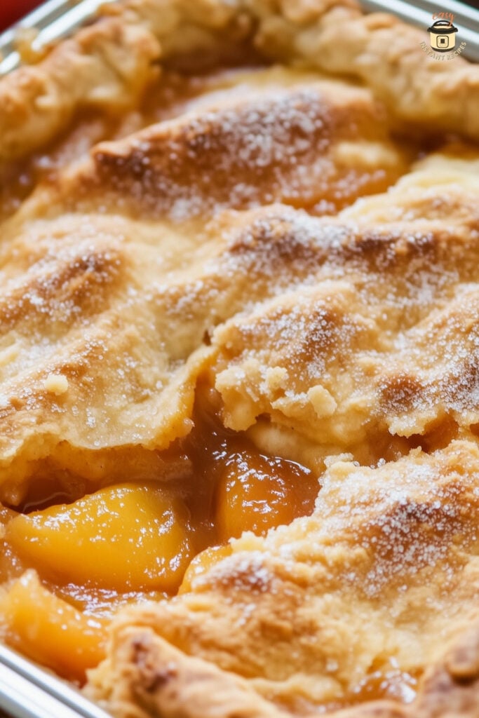 Homemade Old-Fashioned peach cobbler showing golden crust, baked peaches, and cinnamon glaze.