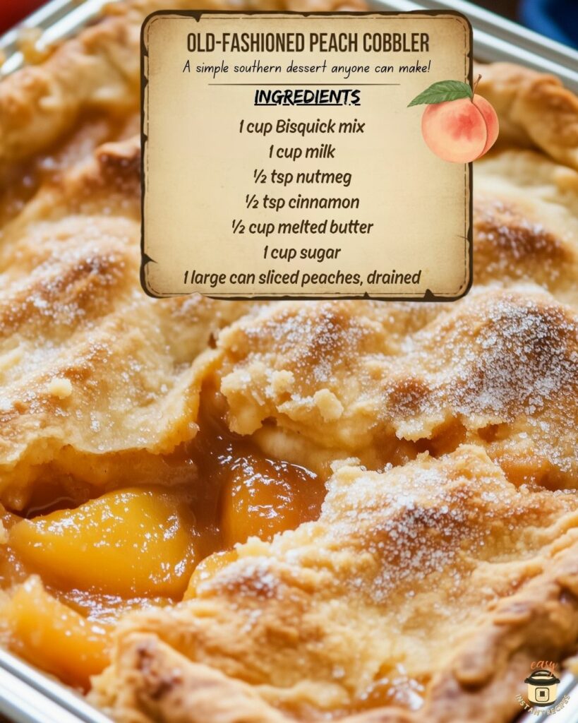 Golden oven peach cobbler baking on the middle rack with bubbling peach filling and crisp edges.