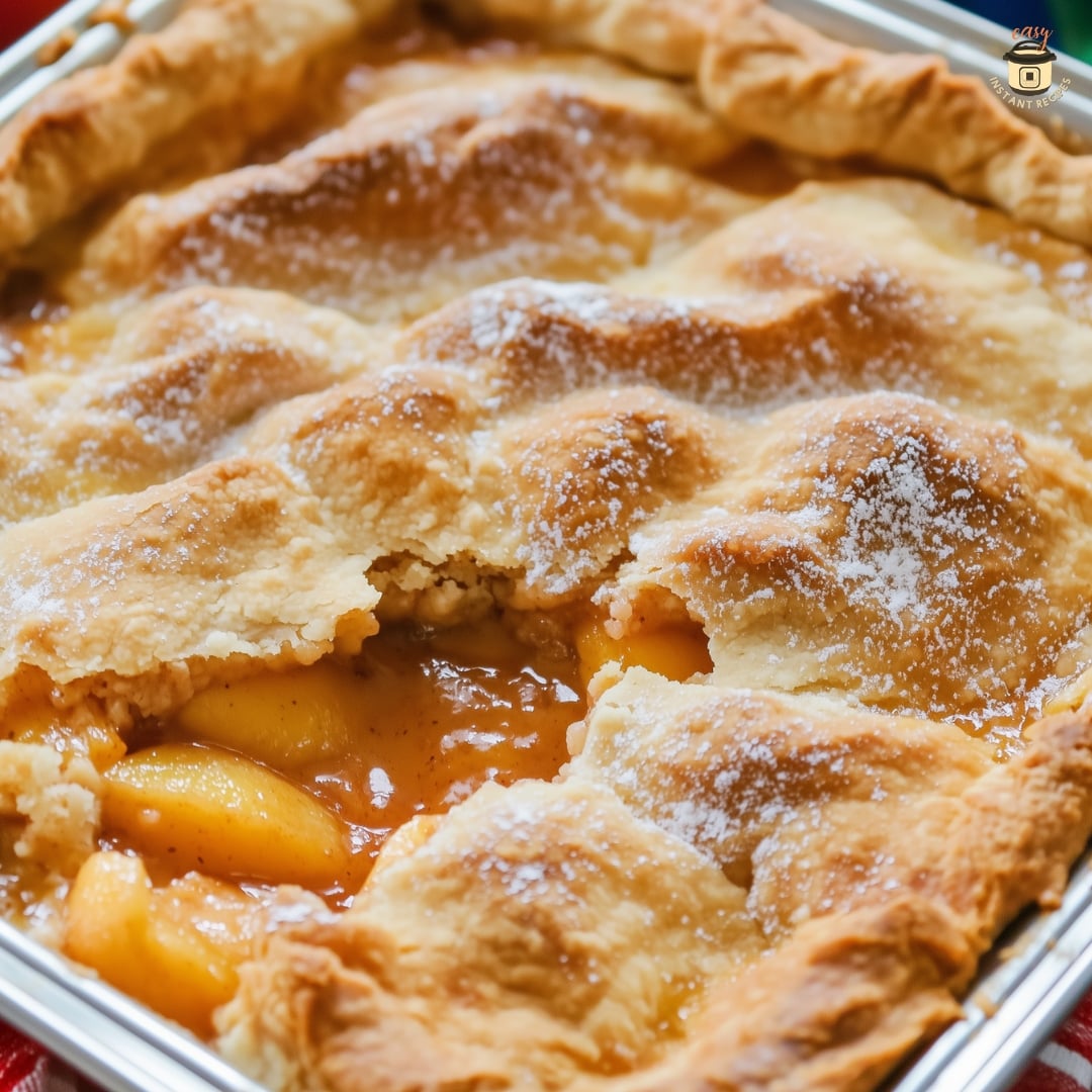 Golden-brown old-fashioned oven peach cobbler baked in a glass dish, topped with juicy peaches and served warm with vanilla ice cream.