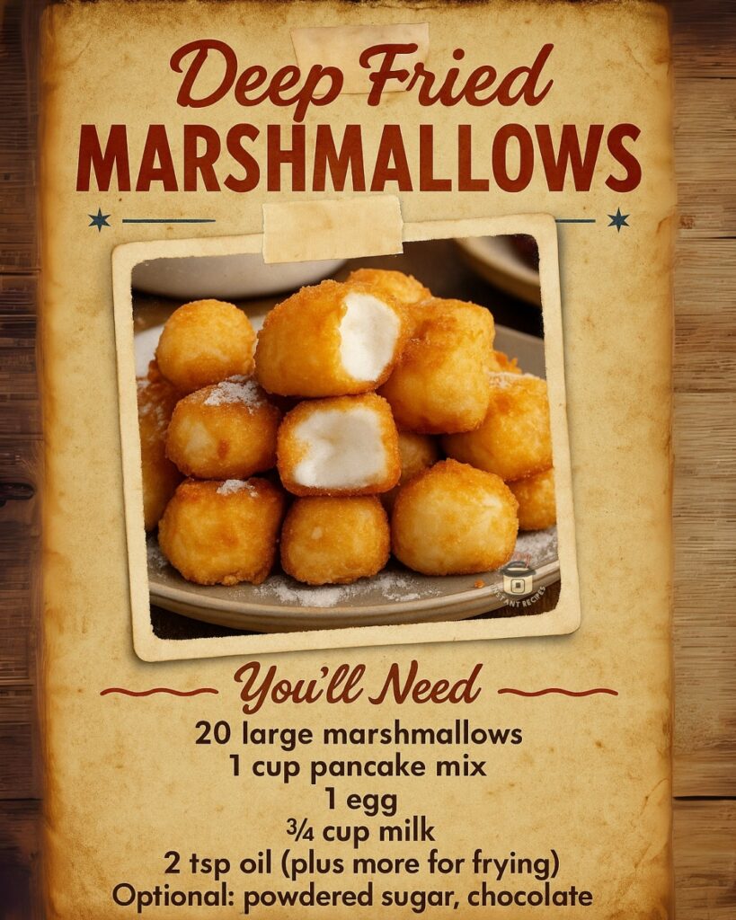 Golden deep fried marshmallows stacked on parchment paper, drizzled with chocolate syrup