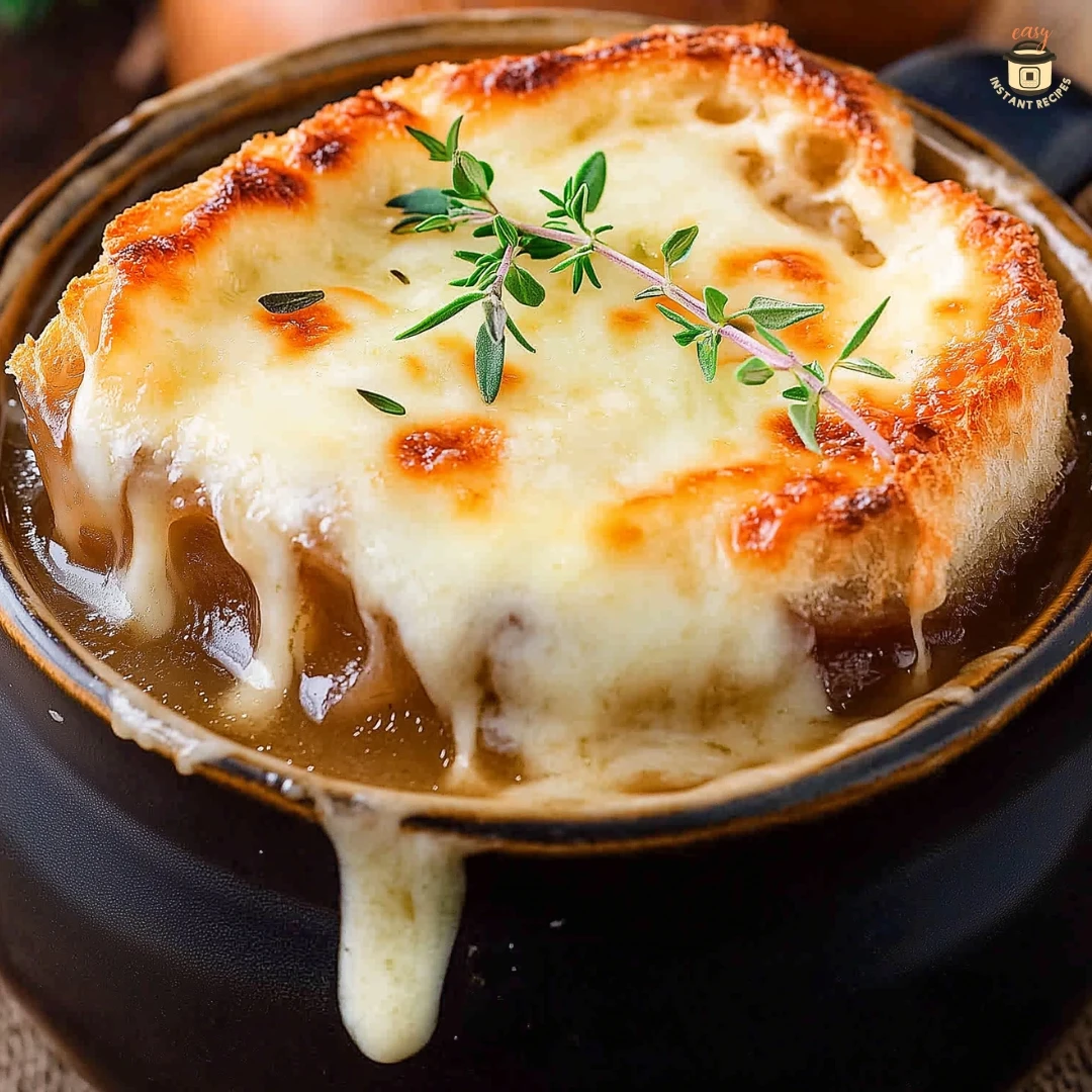 Bowl of french onion soup in slow cooker topped with melted cheese and toasted bread