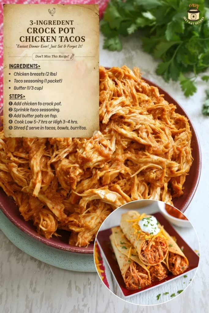 A bowl filled with shredded Crock Pot chicken taco meat cooked with taco seasoning and butter. A vintage-style recipe card appears on the left listing the 3 ingredients and steps. A small circular photo in the corner shows rolled chicken tacos topped with cheese and sour cream. Fresh parsley is in the background.
