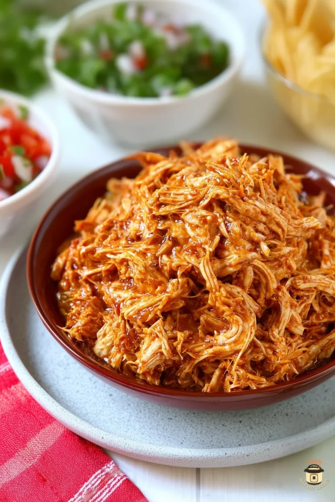 A bowl of shredded Crock Pot chicken taco meat, cooked in sauce until tender, surrounded by bowls of toppings like pico de gallo and lettuce.