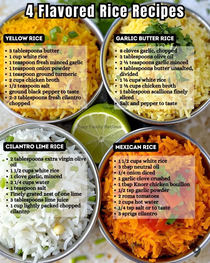 A vintage-style recipe card featuring four easy rice dishes: Turmeric Rice, Mexican Rice, Lemon Rice, and Fried Rice. Each section shows a bowl of cooked rice with ingredients listed beneath. Designed with warm colors and clear typography, perfect for saving as a simple rice guide. Ideal for searches such as easy rice recipes, rice side dishes, budget meals, and beginner cooking ideas.