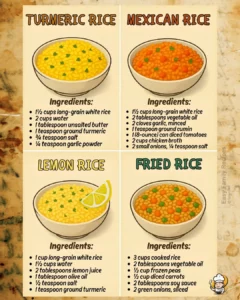 4 Easy Rice Recipes: Lemon Rice, Mexican Rice, Fried Rice & Turmeric Rice
