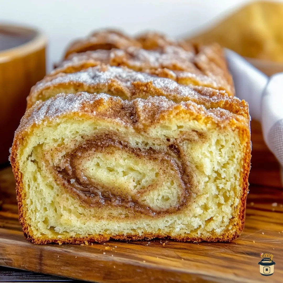 A sliced loaf of Amish Cinnamon Bread showing the cinnamon sugar swirl inside the soft, moist crumb.