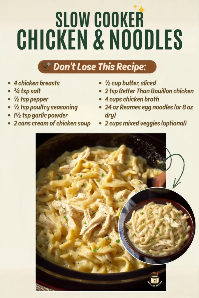 Bowl of creamy chicken and noodles cooked in the crockpot, showing tender shredded chicken and thick egg noodles in a rich, comforting sauce. Slow cooker comfort meal ready to serve.
