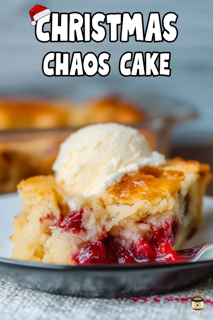 A close-up slice of warm Christmas Chaos Cake filled with gooey cranberry filling, creamy sweet pockets, and a golden buttery top, served with a scoop of vanilla ice cream on a dark plate.