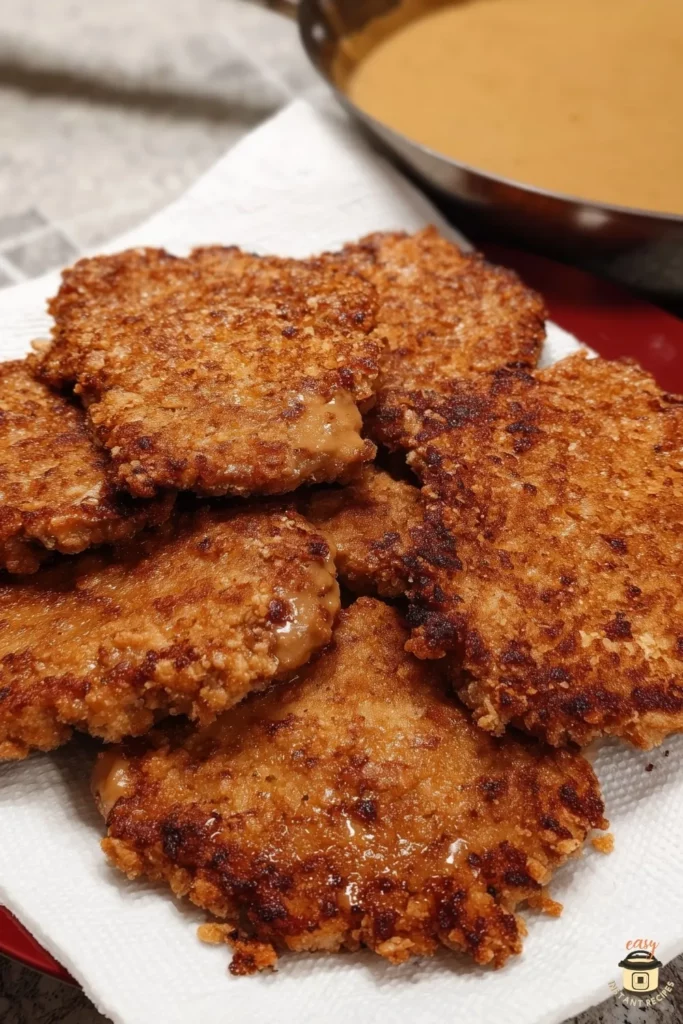 Fried cubed steak stacked on a plate with crispy golden breading and homemade gravy in the background.