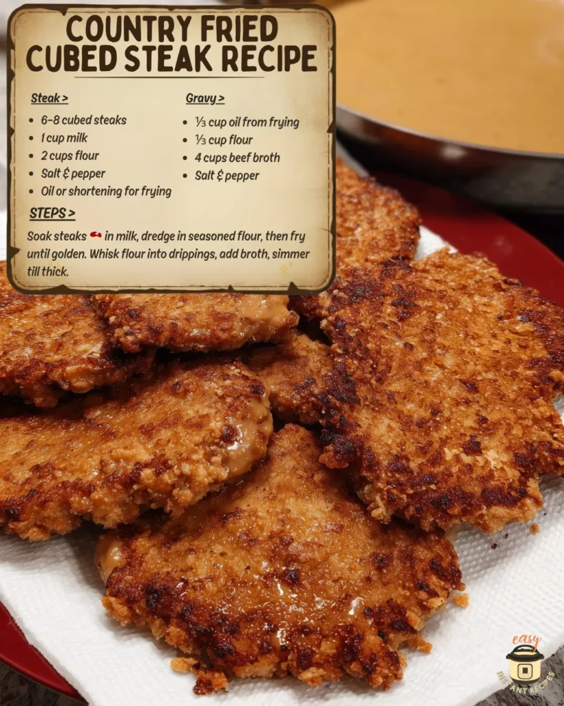 Fried cubed steak with golden crispy breading and homemade gravy. A Southern comfort classic that’s easy, tender, and full of flavor—perfect for family meals.