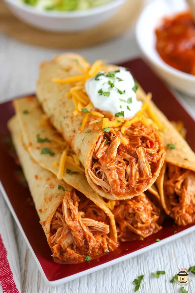 Close-up photo of three rolled Crock Pot Chicken Tacos filled with shredded, saucy chicken, topped with shredded cheddar cheese, fresh chopped cilantro, and a dollop of sour cream. The tacos sit on a red plate with soft tortillas wrapped around the moist shredded chicken mixture.