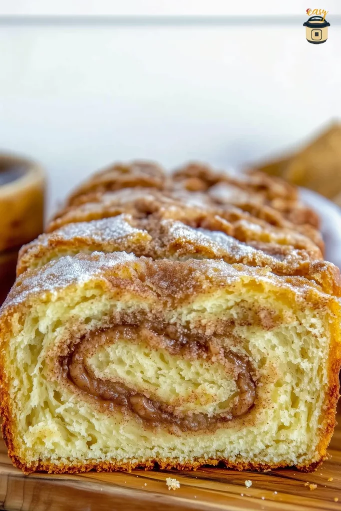 Amish cinnamon bread sliced with cinnamon sugar swirl