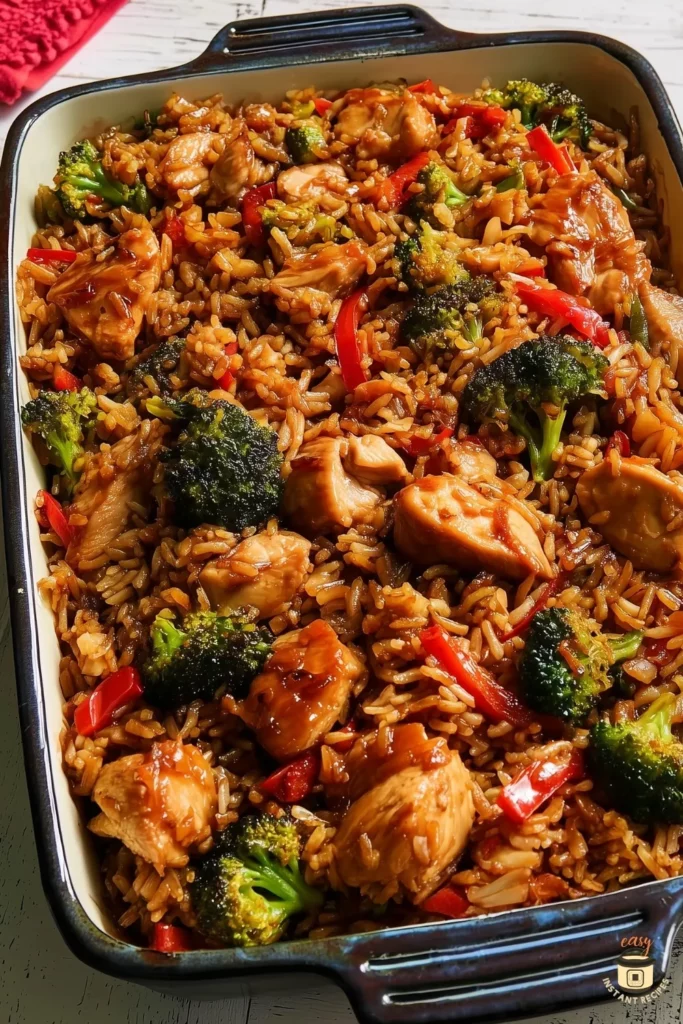 Teriyaki Chicken and Rice Casserole with tender chicken, broccoli, bell peppers, and fluffy rice baked in a sweet-savory homemade teriyaki sauce in a casserole dish.