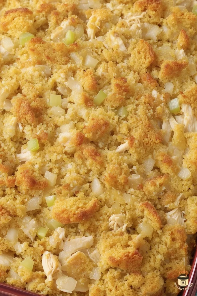 Golden-baked Chicken and Dressing Casserole ready to serve.