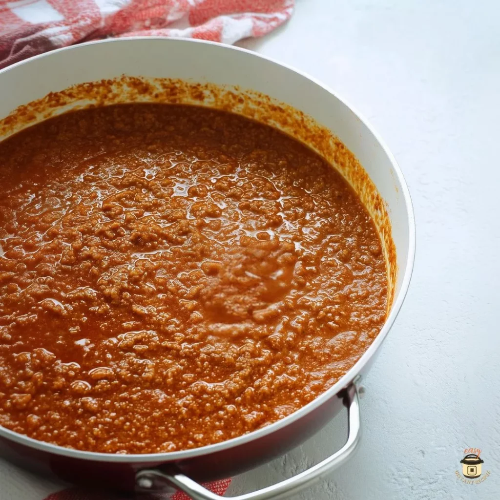 A close-up image of homemade hot dog chili sauce simmering in a white pan. The chili is thick, smooth, and meaty with a rich red color, made with ground beef, tomato paste, onions, garlic, and chili spices. Perfect topping for hot dogs, chili cheese fries, and family cookout meals. Ideal pin for anyone searching for an easy homemade hot dog chili recipe.