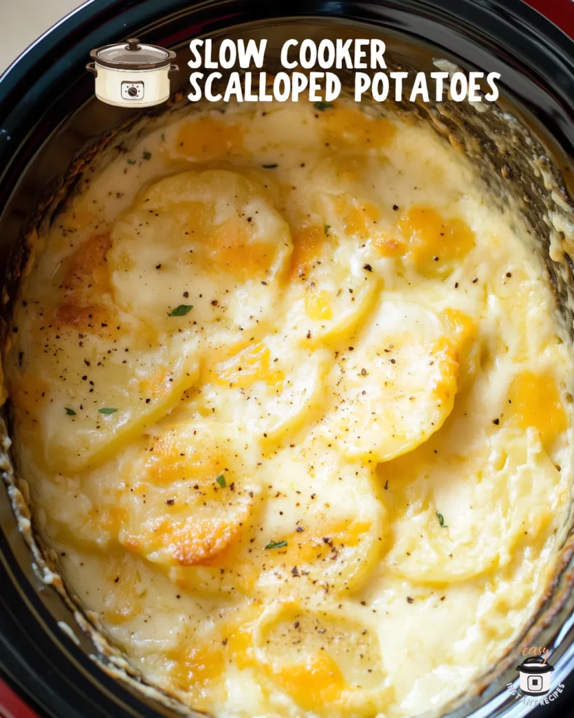 Golden and creamy slow cooker scalloped potatoes topped with melted cheddar cheese and black pepper, cooked in a crockpot—an easy homemade comfort food side dish.