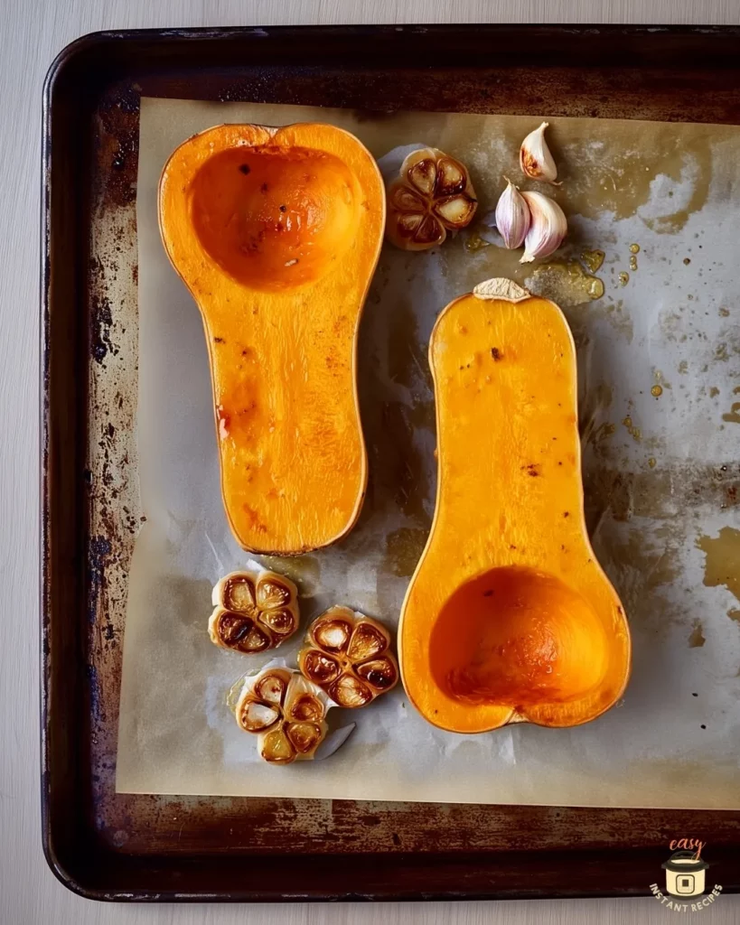 Halved butternut squash and roasted garlic cloves on a parchment-lined baking sheet, lightly browned and drizzled with olive oil — the base for creamy roasted butternut squash soup.