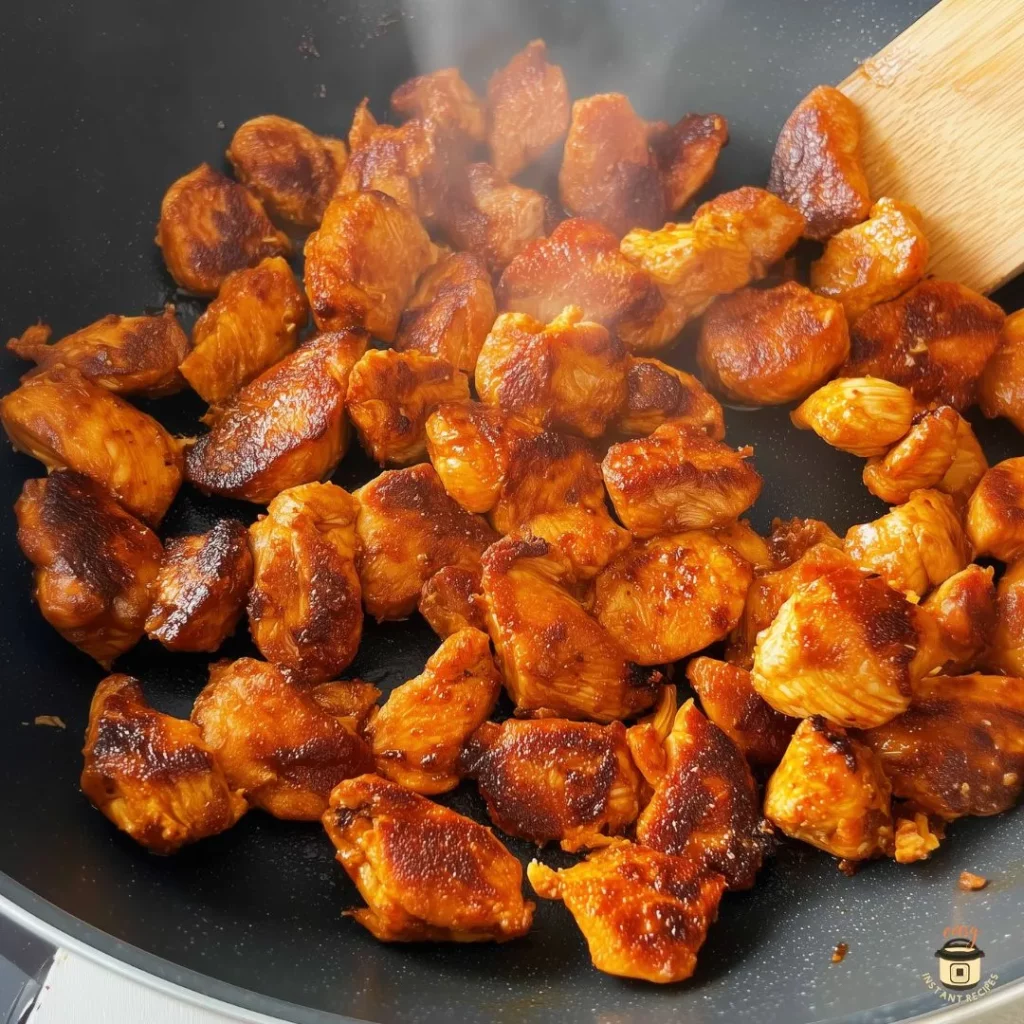 Honey BBQ Chicken and Rice – browned chicken pieces cooking in a skillet