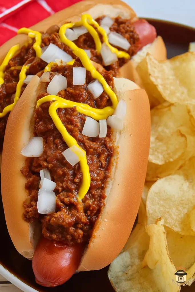 A close-up of two hot dogs topped with homemade hot dog chili, diced onions, and yellow mustard, served with crispy potato chips. The chili is thick, rich, and meaty, highlighting a classic homemade hot dog chili recipe perfect for chili dogs, barbecues, and family meals.