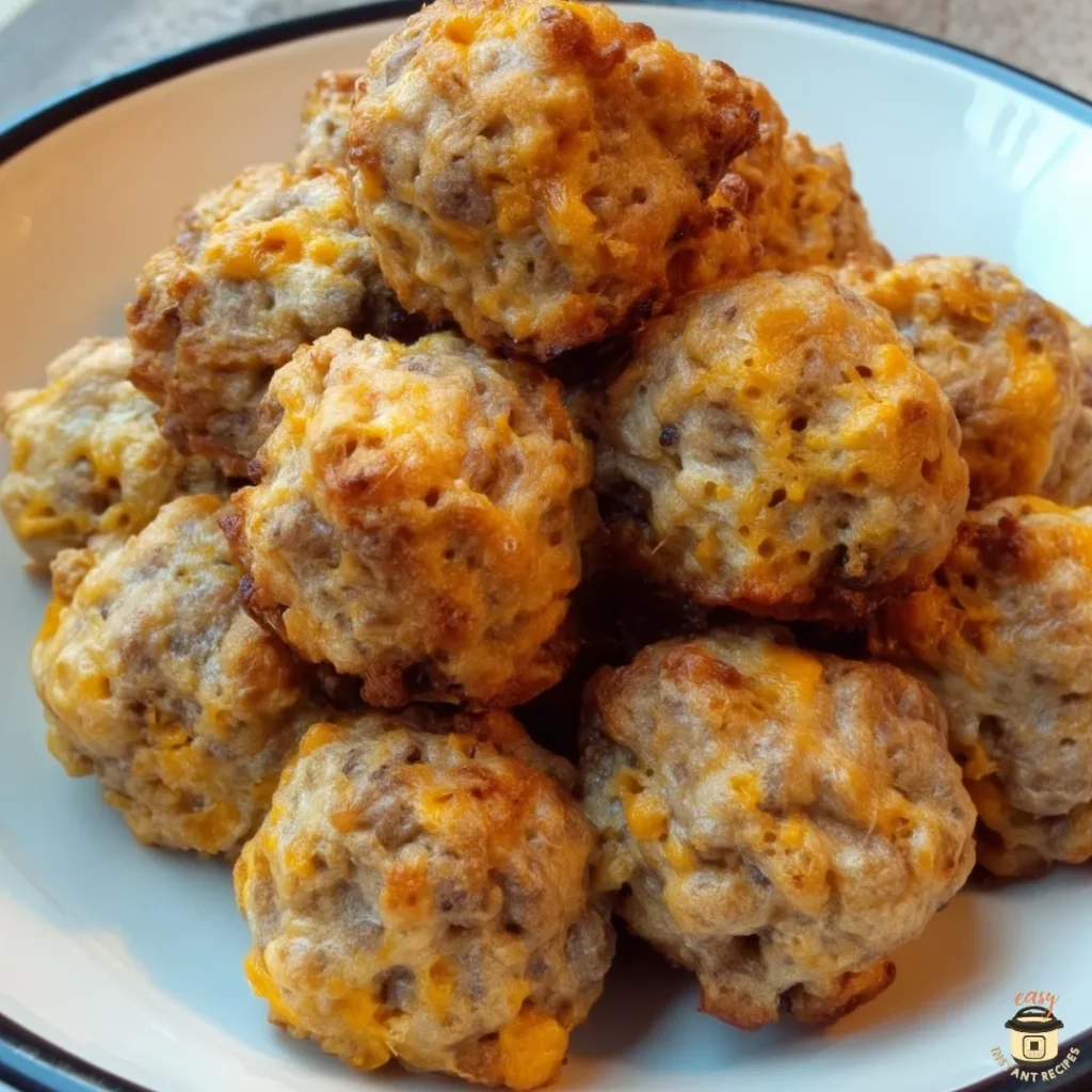 Golden brown sausage balls made with Bisquick baking mix, cheddar cheese, and pork sausage—served in a white enamel bowl on a rustic wooden table.