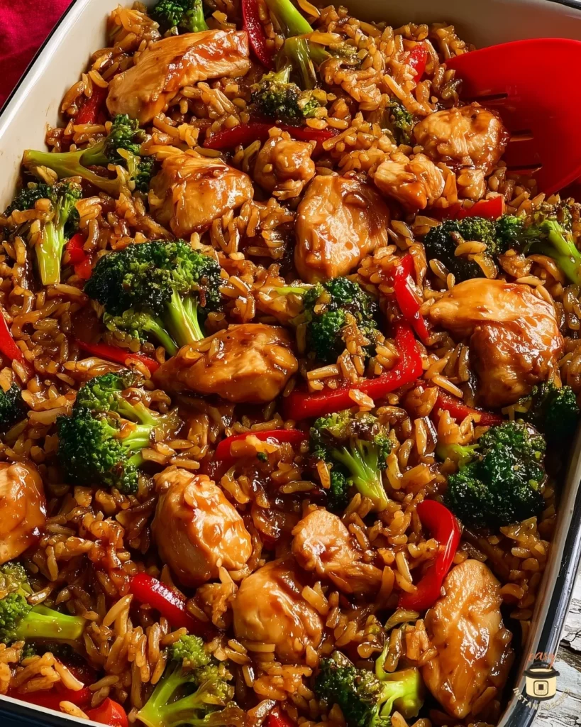 Close-up of Rice for Teriyaki Chicken with broccoli, carrots, and fluffy rice.
