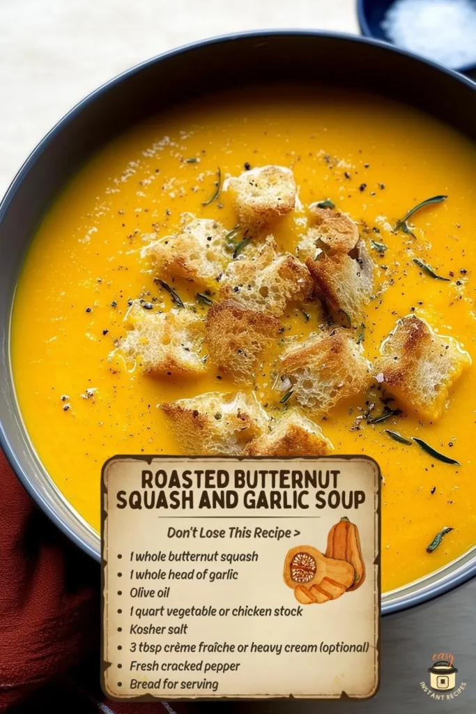 A bowl of creamy roasted butternut squash and garlic soup topped with crunchy croutons and herbs. Smooth, golden-orange, and comforting — perfect fall soup recipe.