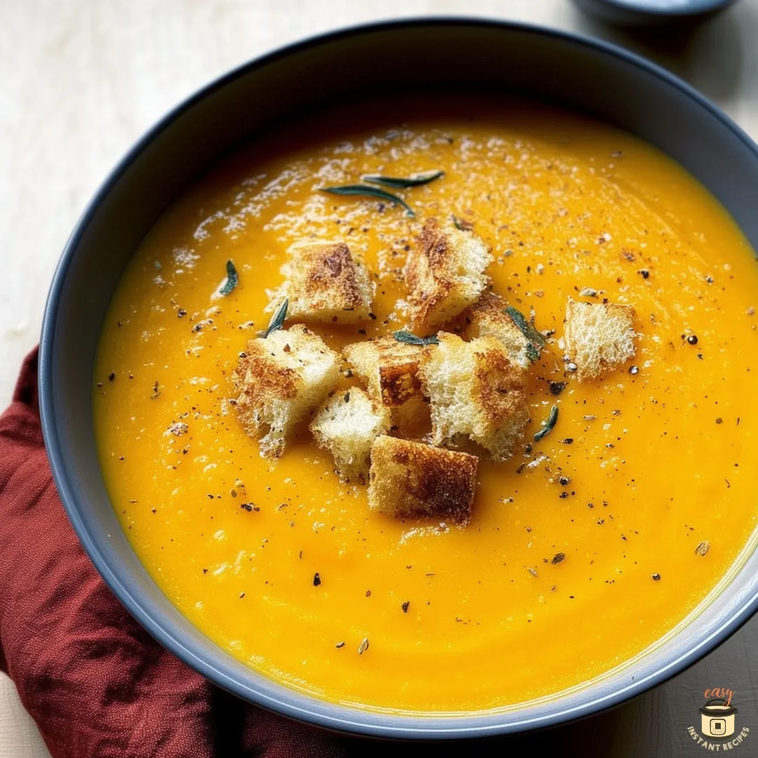 A creamy bowl of roasted butternut squash soup topped with golden croutons and herbs, served in a dark bowl with a red napkin. Cozy, hearty, and perfect for fall.This roasted butternut squash soup recipe is creamy, comforting, and easy to make. Made from roasted squash and garlic for deep flavor—the perfect fall comfort food.