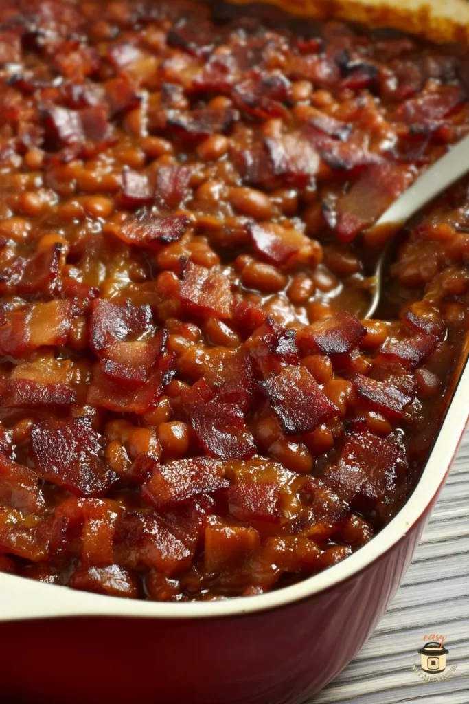 A close-up of Southern-style baked beans topped with crispy thick-cut bacon, baked in a red casserole dish with a serving spoon. The beans look glossy, caramelized, and saucy.