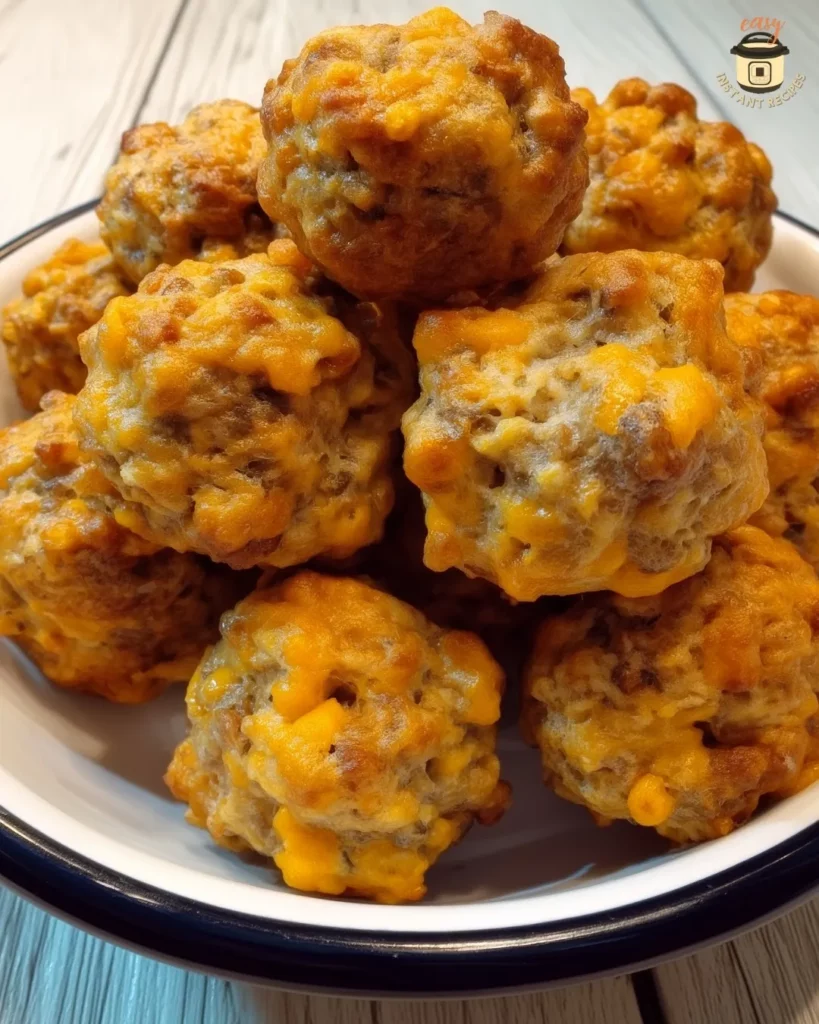 Golden-brown sausage balls made with Bisquick baking mix, cheddar cheese, and pork sausage, served warm in a white enamel bowl on a rustic table—an easy Southern appetizer.